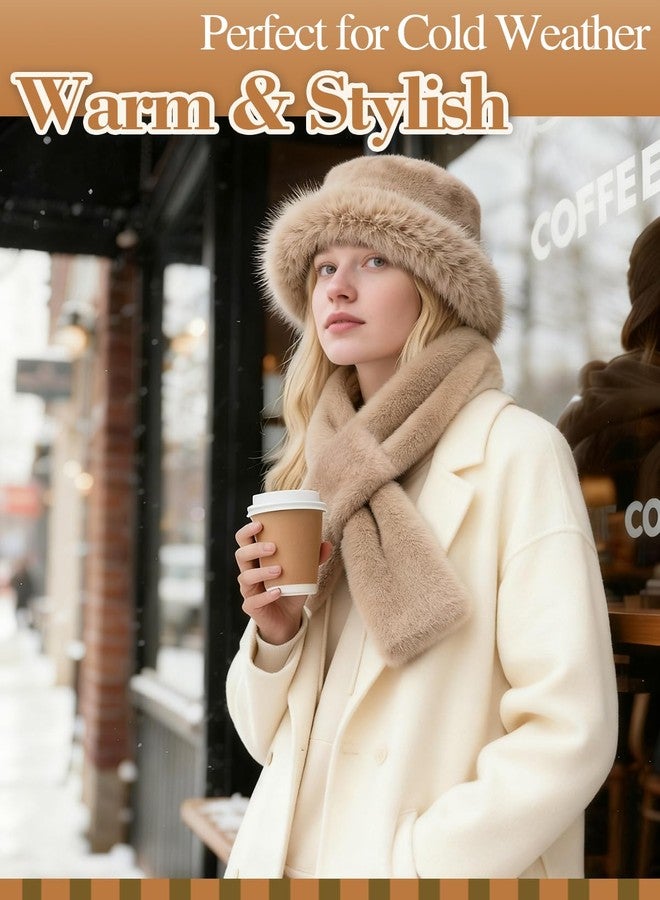 Beeplove Fur Winter Hat with Scarf for Women - Russian Style Fluffy Fuzzy Khaki Bucket Hat Gift for Christmas Girls - Image 2
